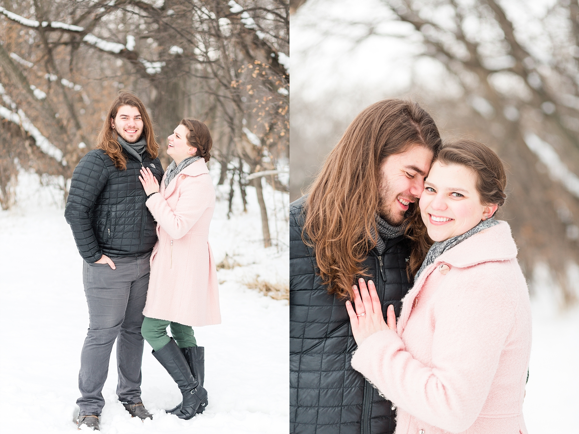 Engagement Photos with women in pink jacket and man in black jacket with long hair
