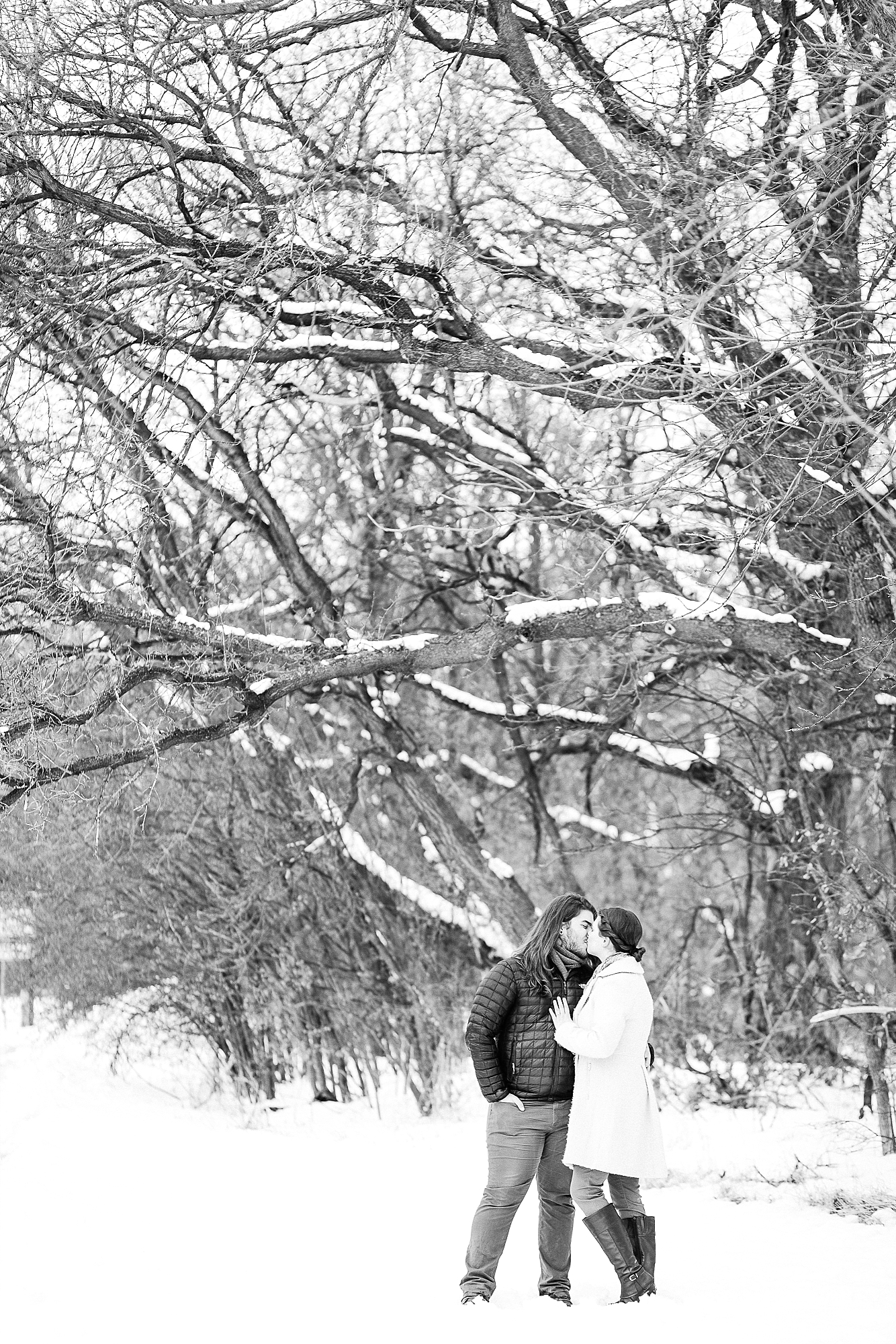 Black and White winter engagement photos in MB Johnson Park