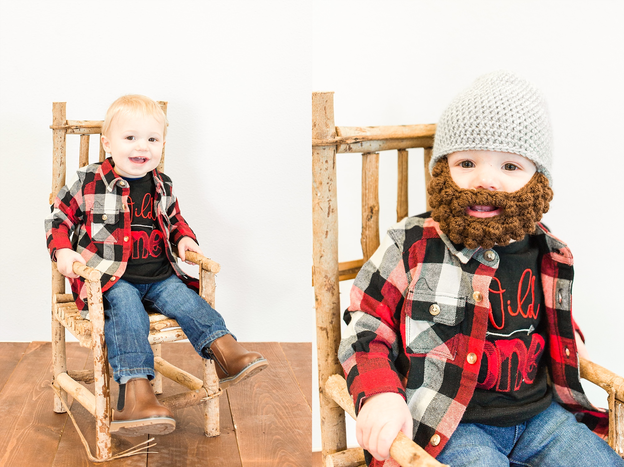 One year old in Flannel with fake beard