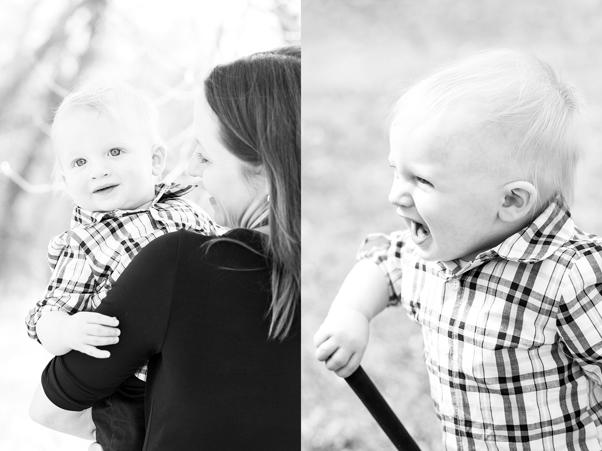 A mom holds her little boy during his First Birthday photo session