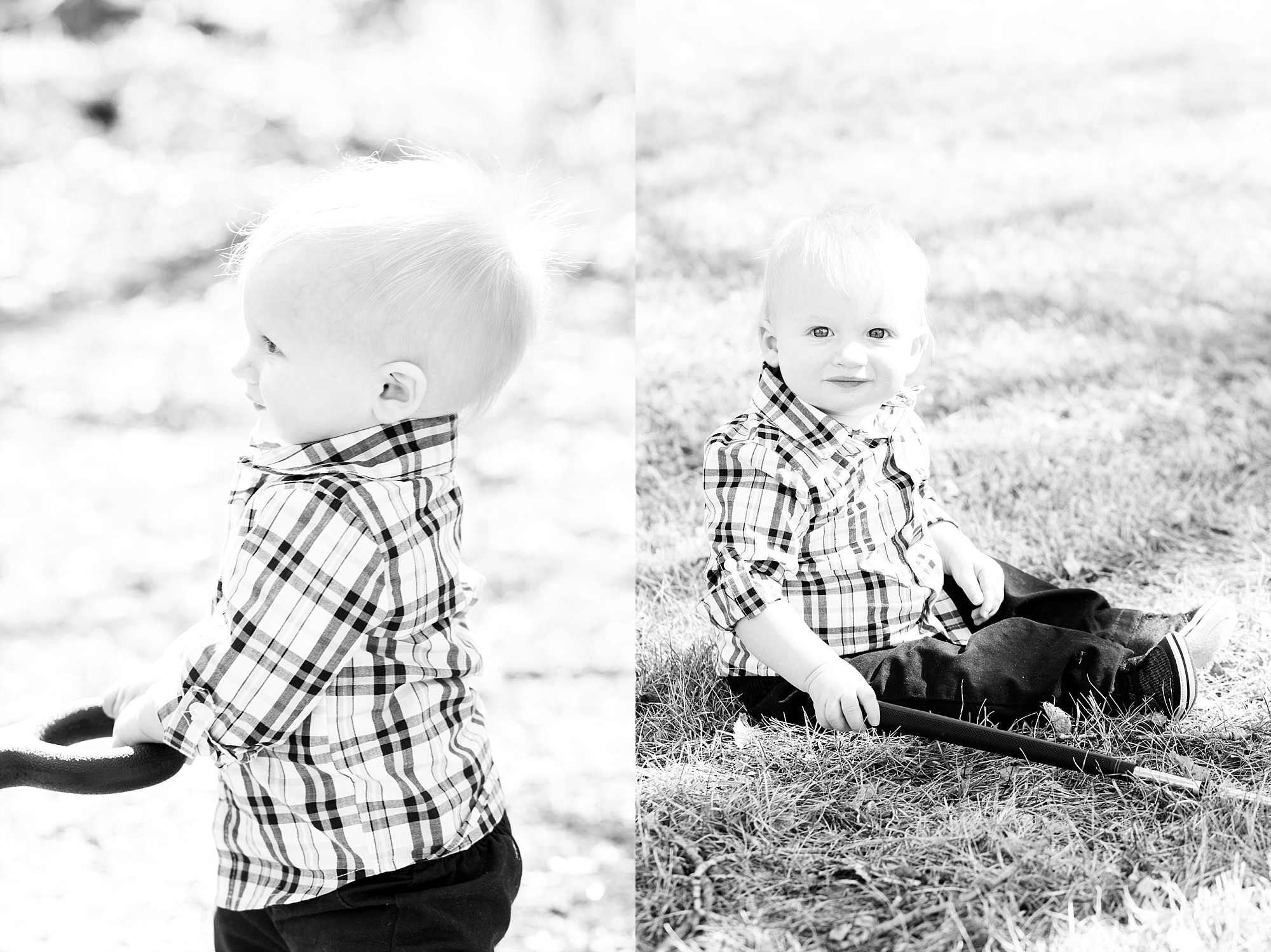 First Birthday boy plays in the grass with wagon handle