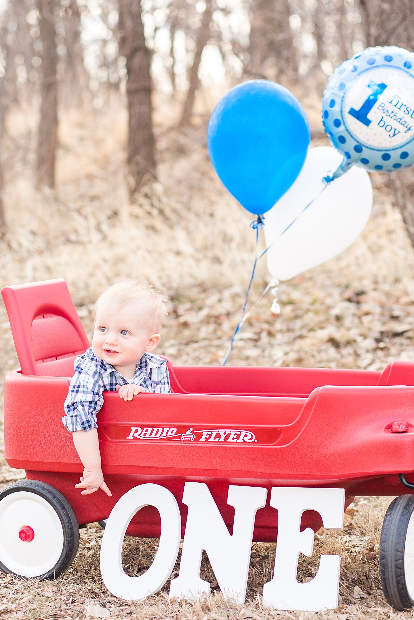 Little boy in red wagon points down to his first birthday words spelling out one