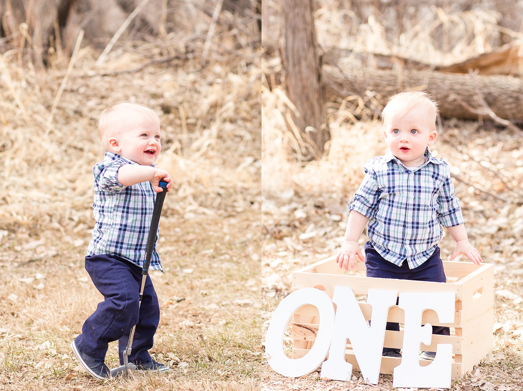 A boy in blue plaid plays in a park with a golf club during his First Birthday pictures
