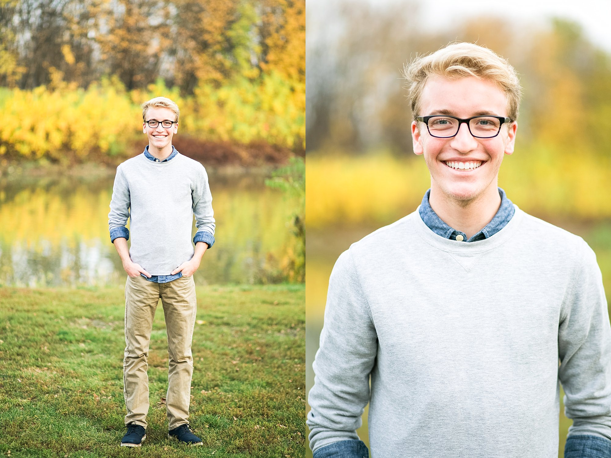 West Fargo, ND Senior in grey sweater and blue collared shirt along the Red River