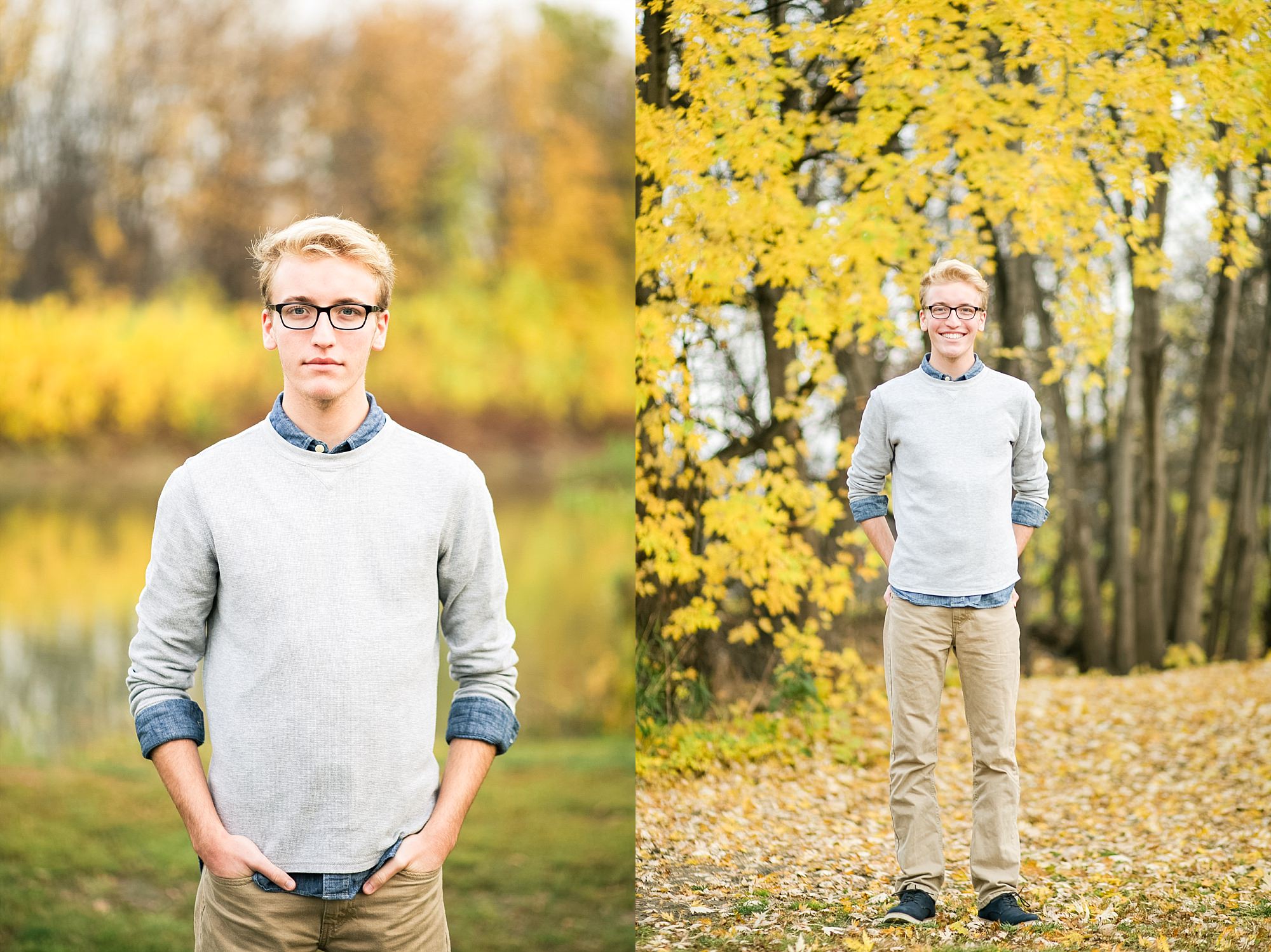 High School Senior in Khakis and a grey sweater stands in front of bright yellow fall leaves