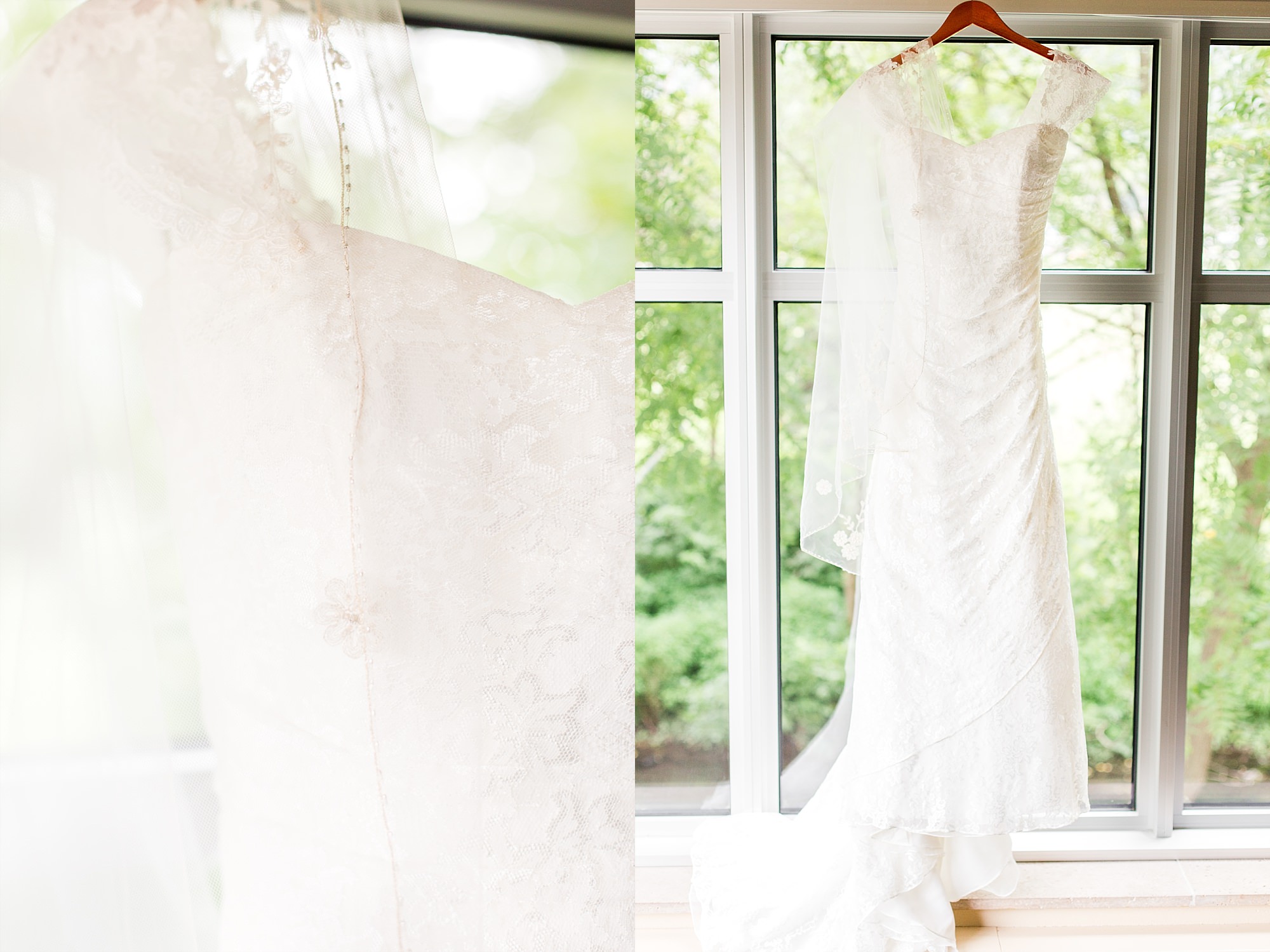 Wedding dress with cap sleeves hangs in front of a window