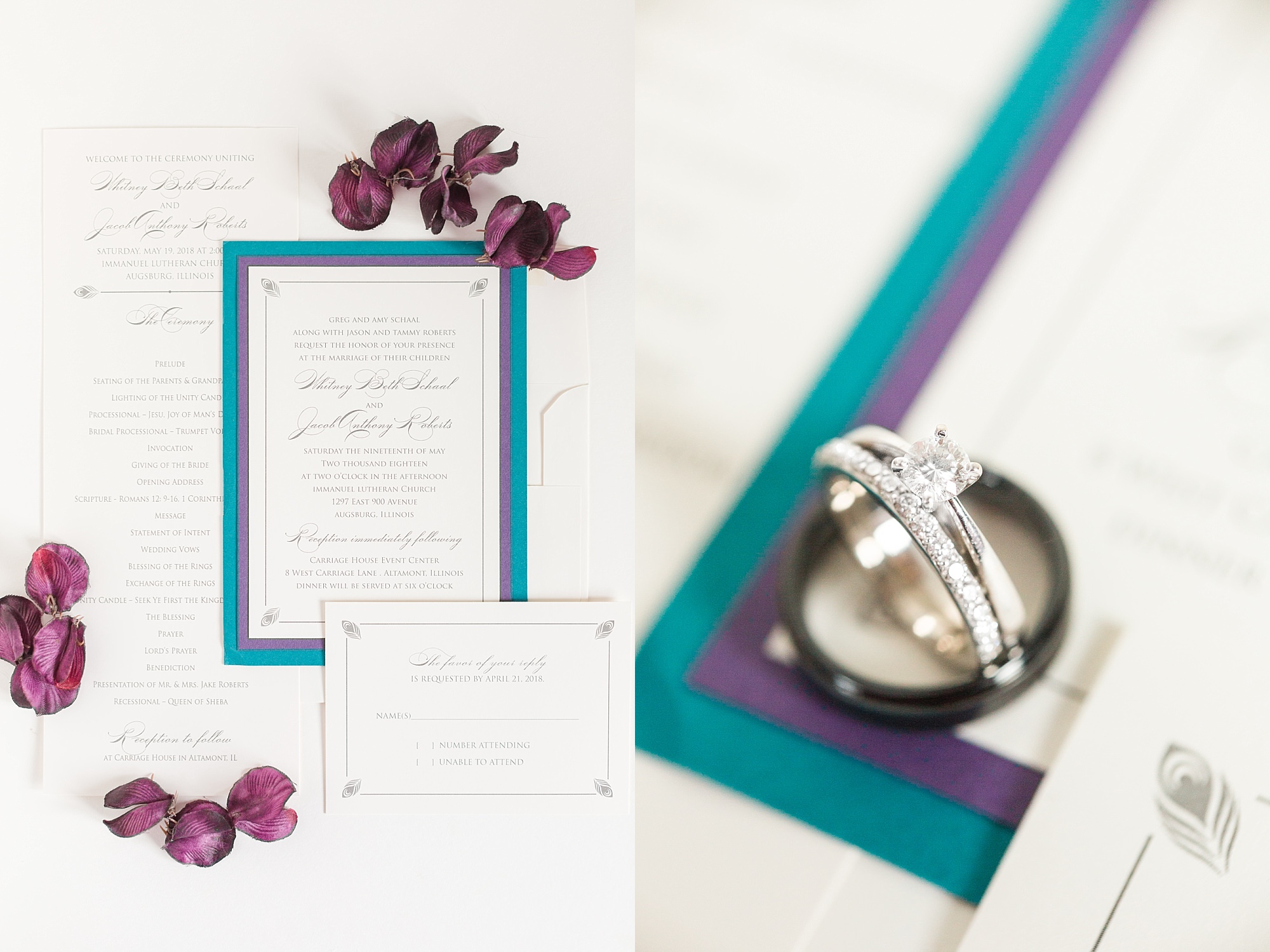 White gold wedding set rests against a purple and blue edge of a wedding invitation suite. 