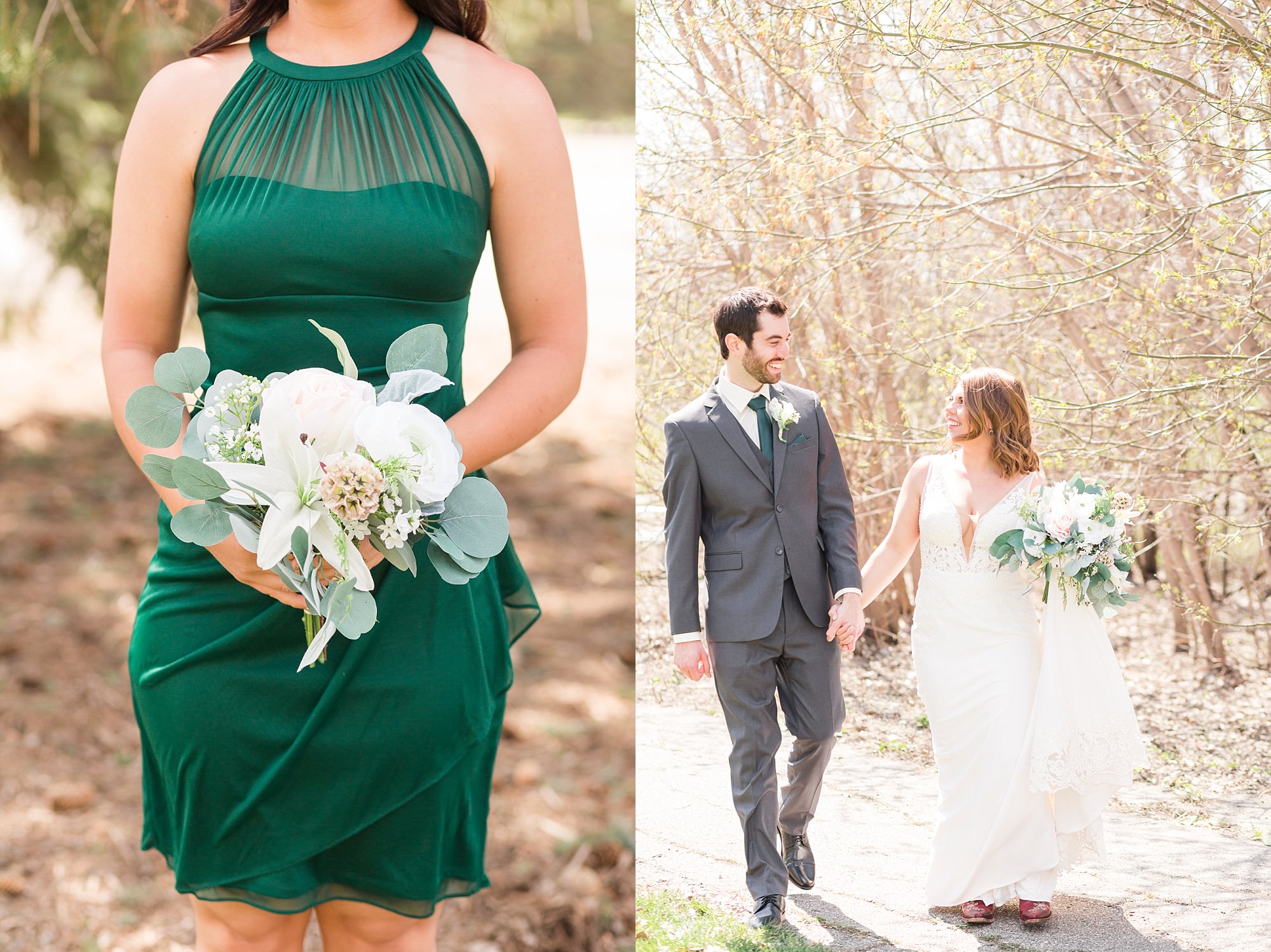 Emerald green halter top bridesmaid dresses with white flower bouquet