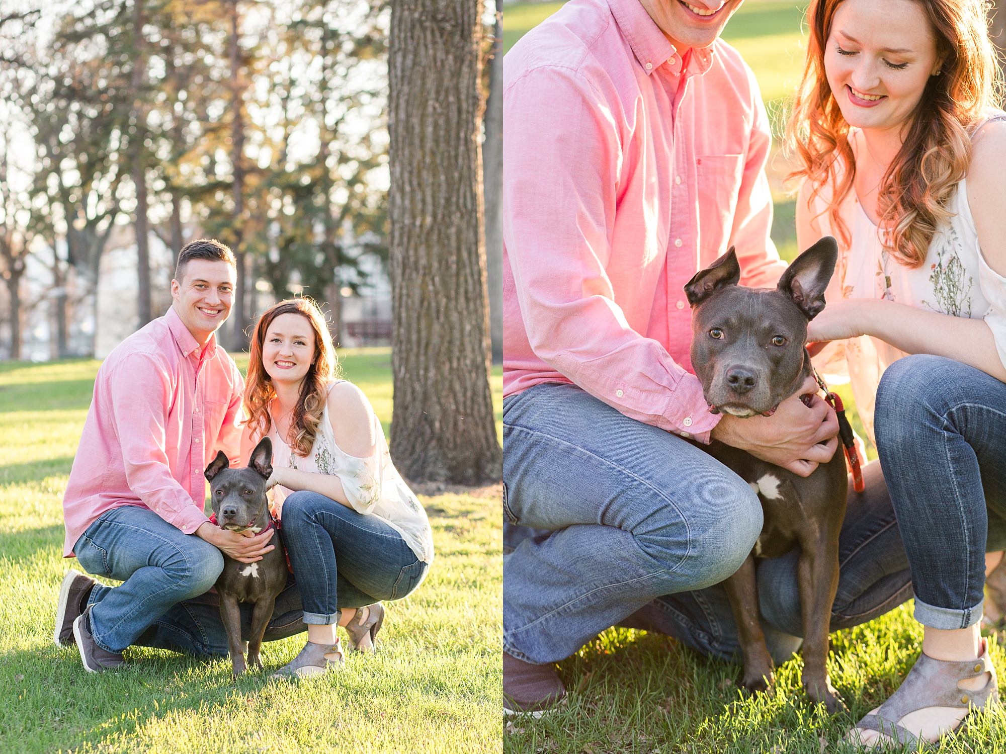 An engaged couple smile with their young pit bull puppy