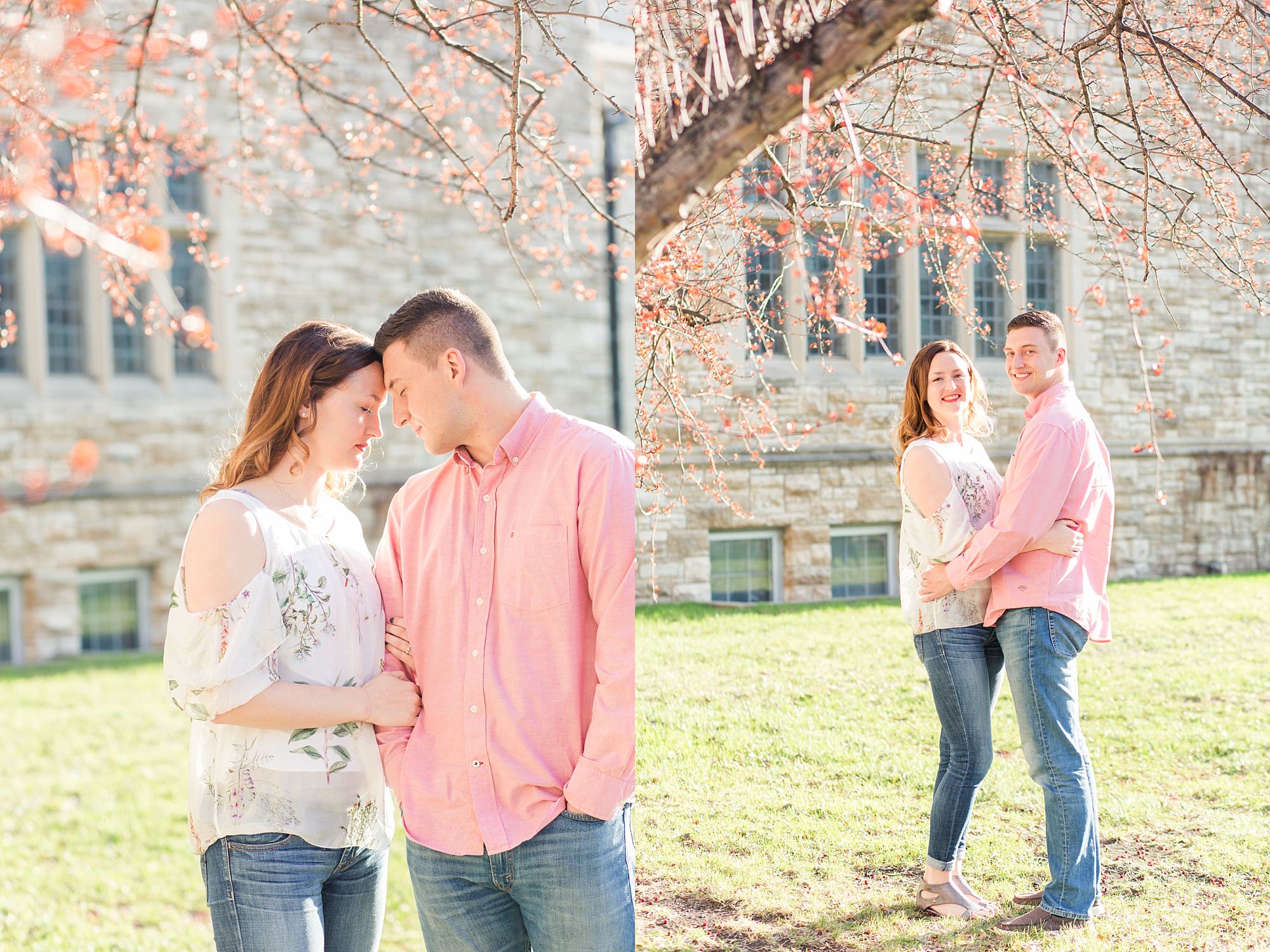 An engaged couple in shades of pink enjoy the spring blossoms outside a Downtown Fargo church