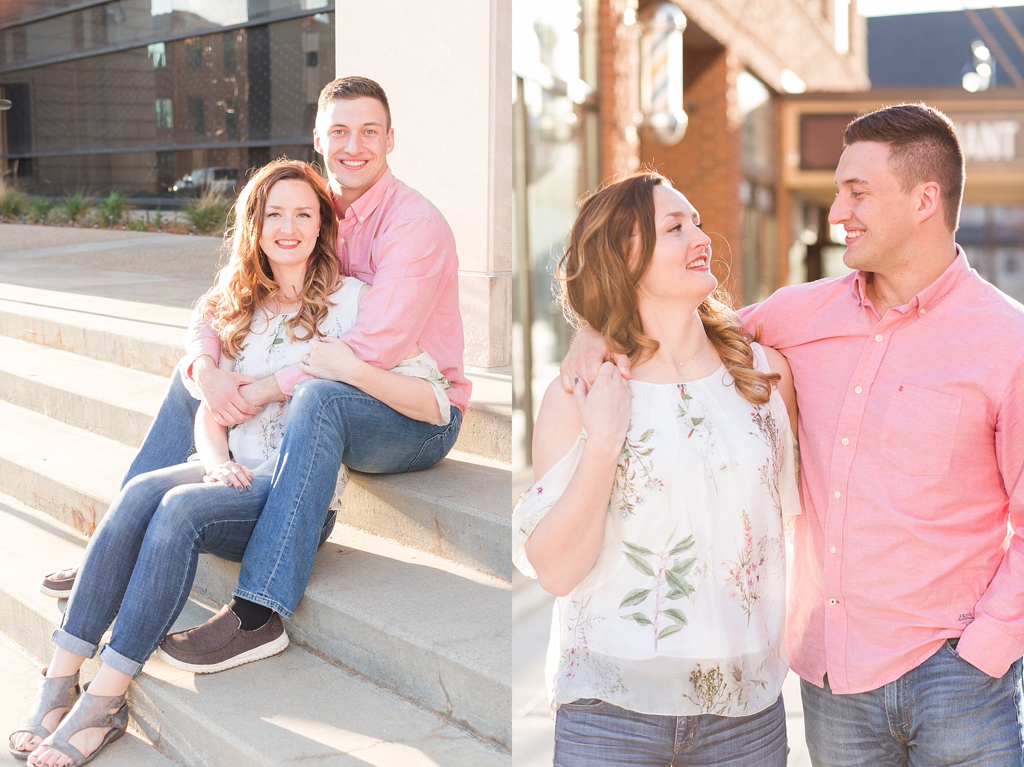 A young couple sit on the stone steps smiling for their engagement session