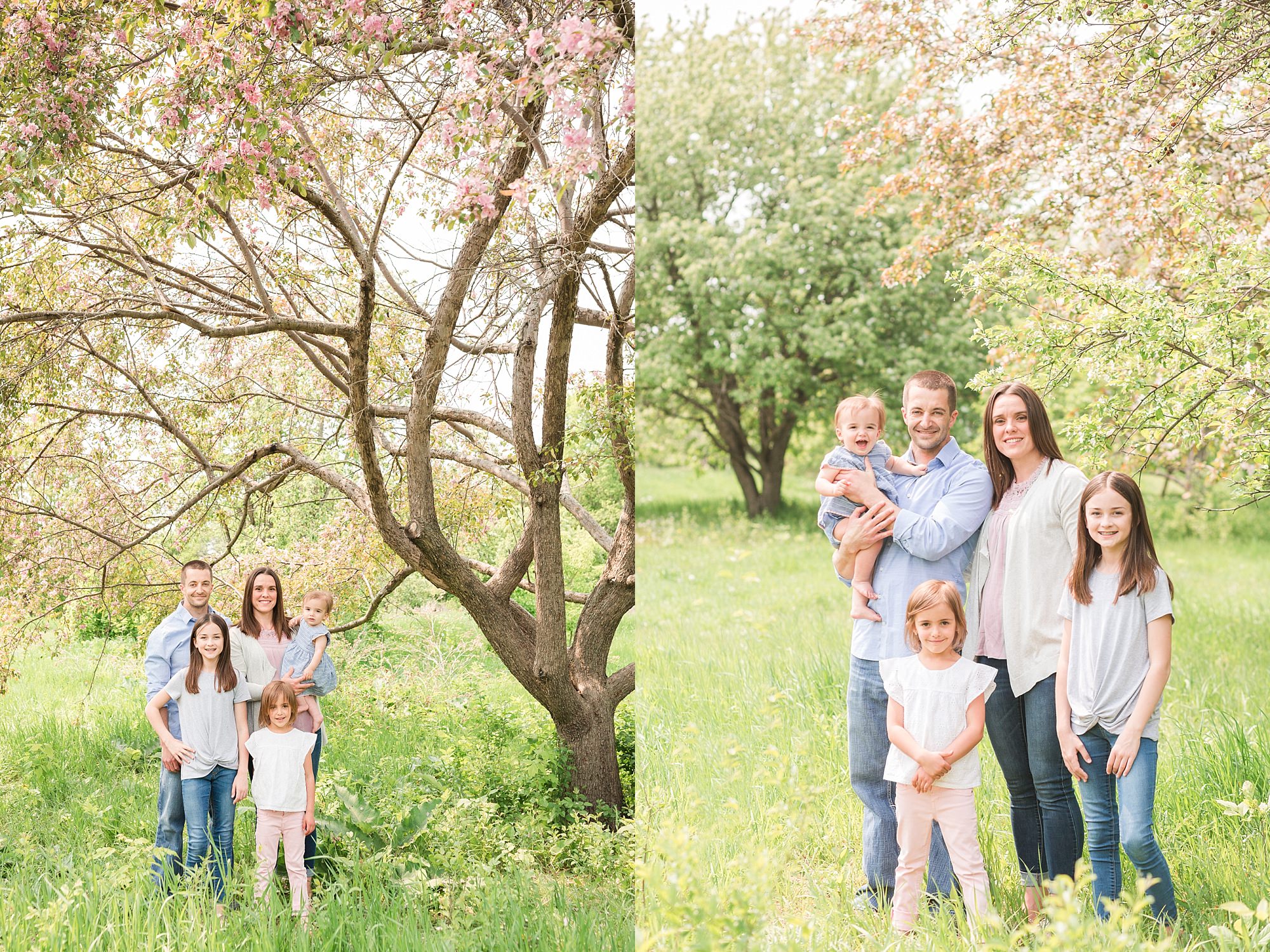 A Family of five smile while surrounded by spring blooms