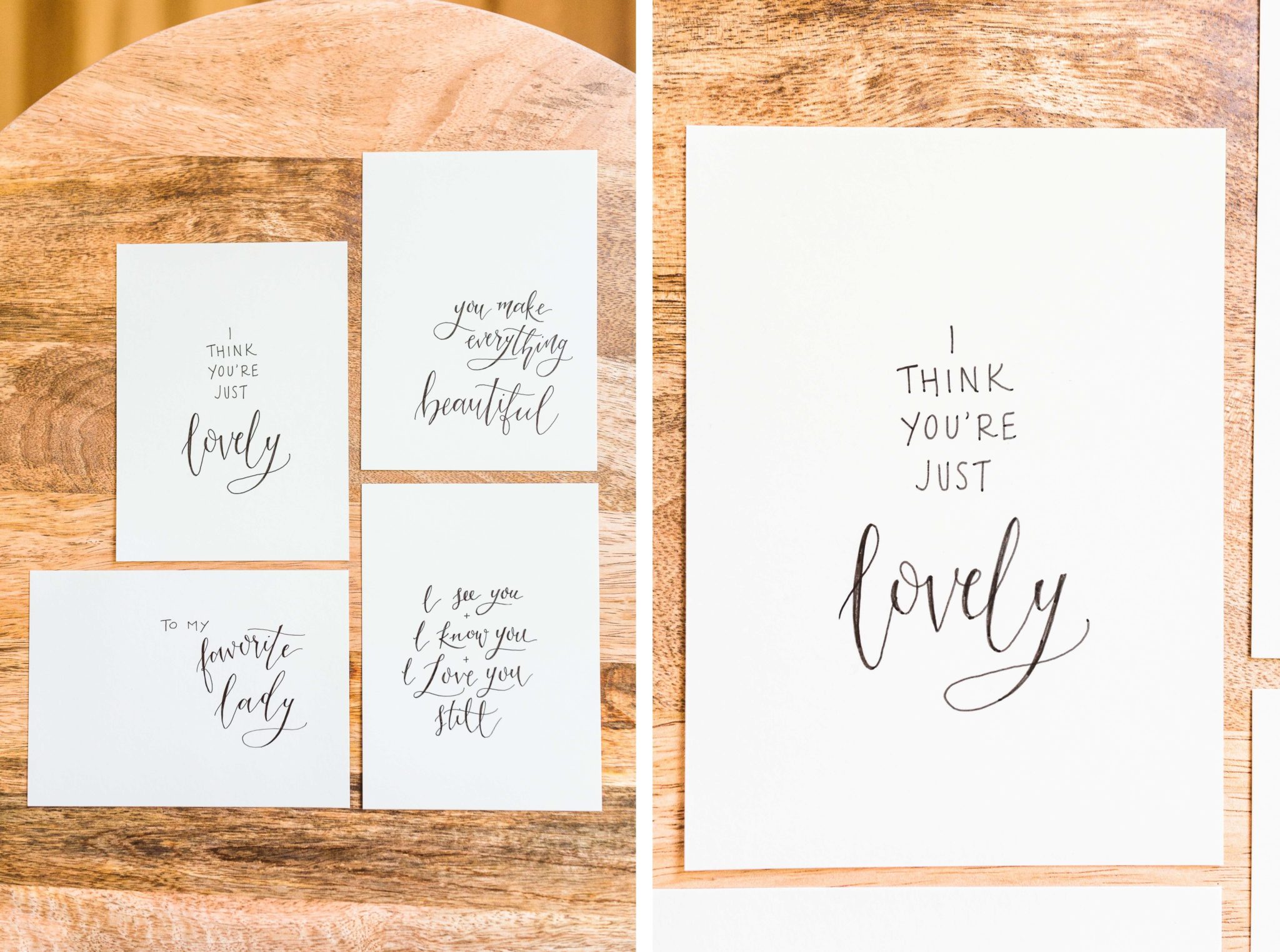 Hand written love notes lay on a wooden table. 