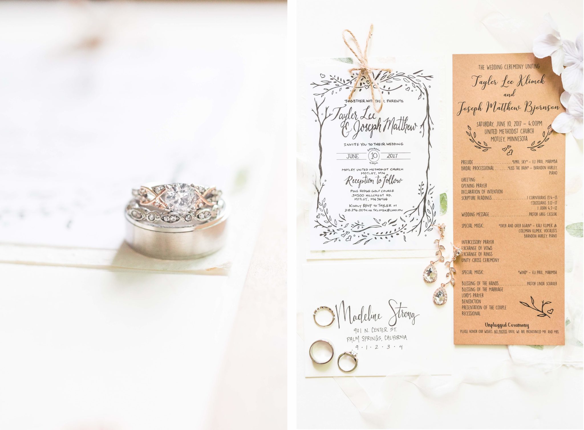 A hand written wedding invitation suite and jewelry on a white table