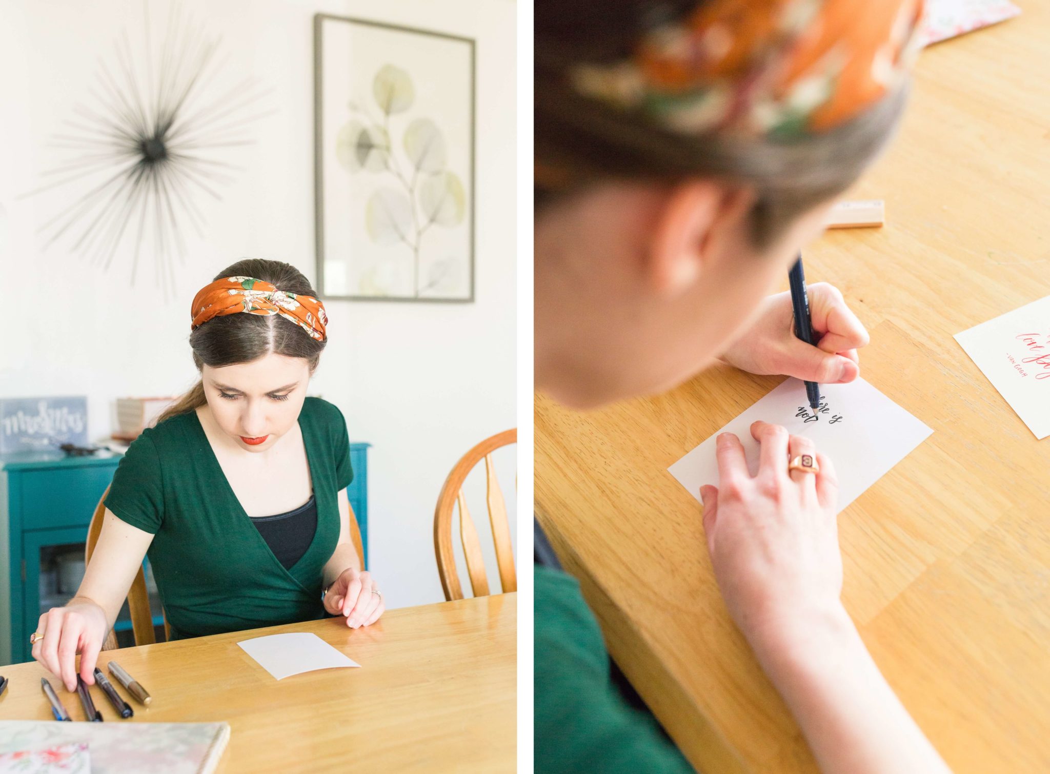 Tayler of Taylily Lettering picks out a pen for a greeting card