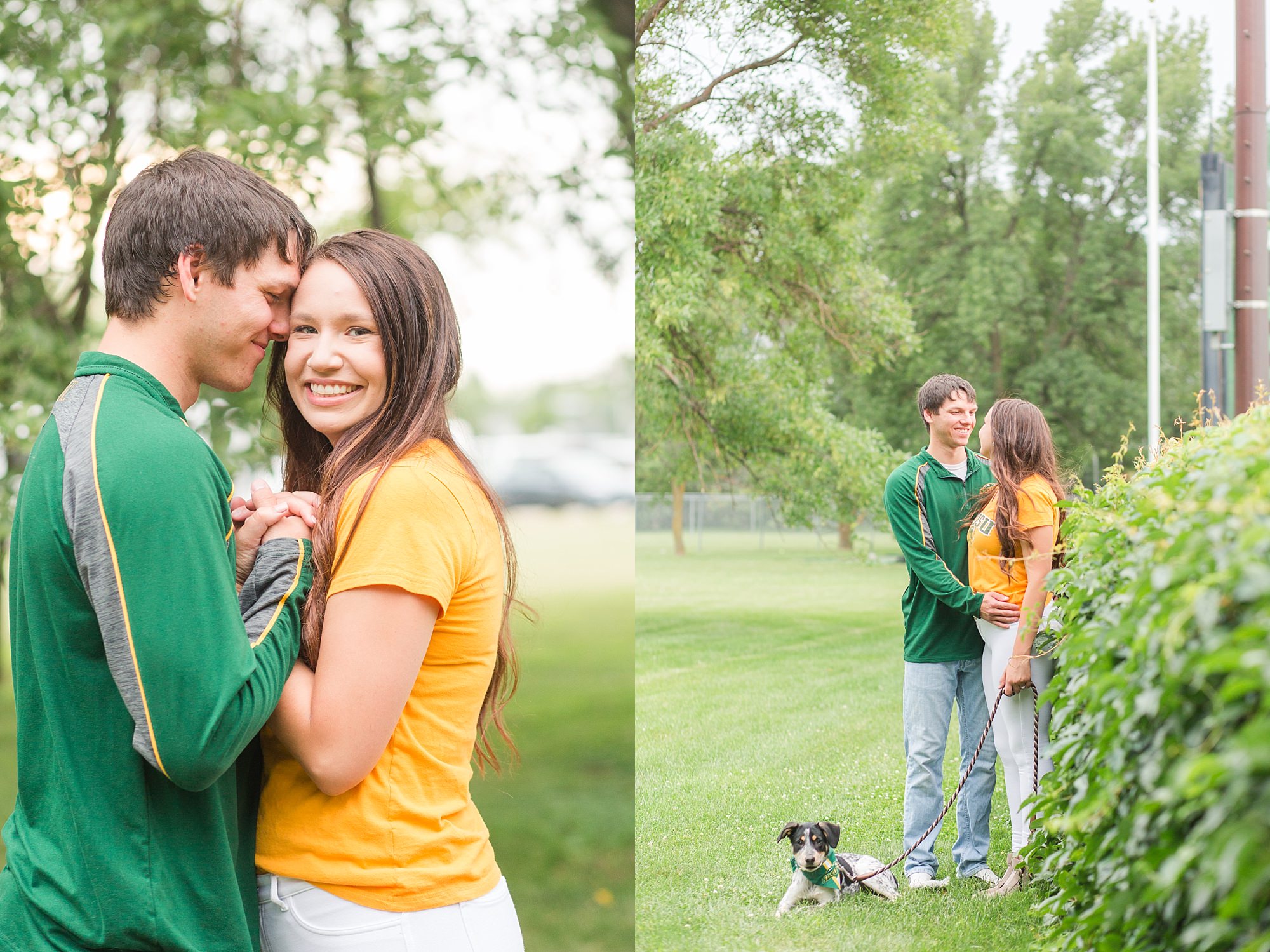 A couple in Bison gear smile and embrace during their engagement session with a puppy
