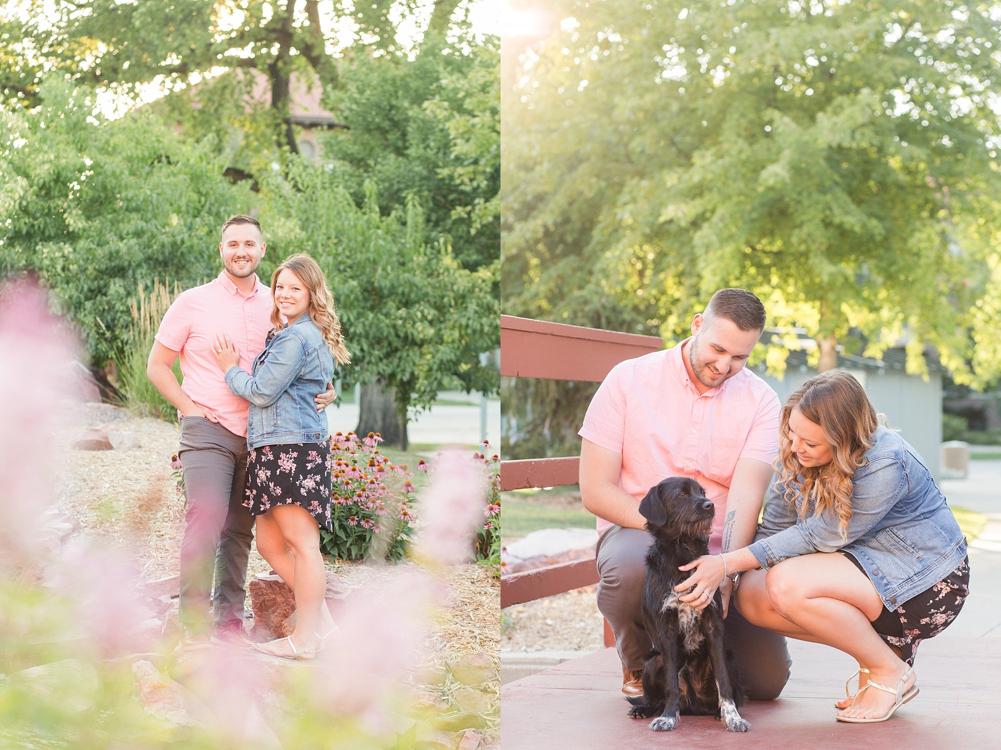 An engaged couple pet their puppy during their flower-filled engagement session at NDSU