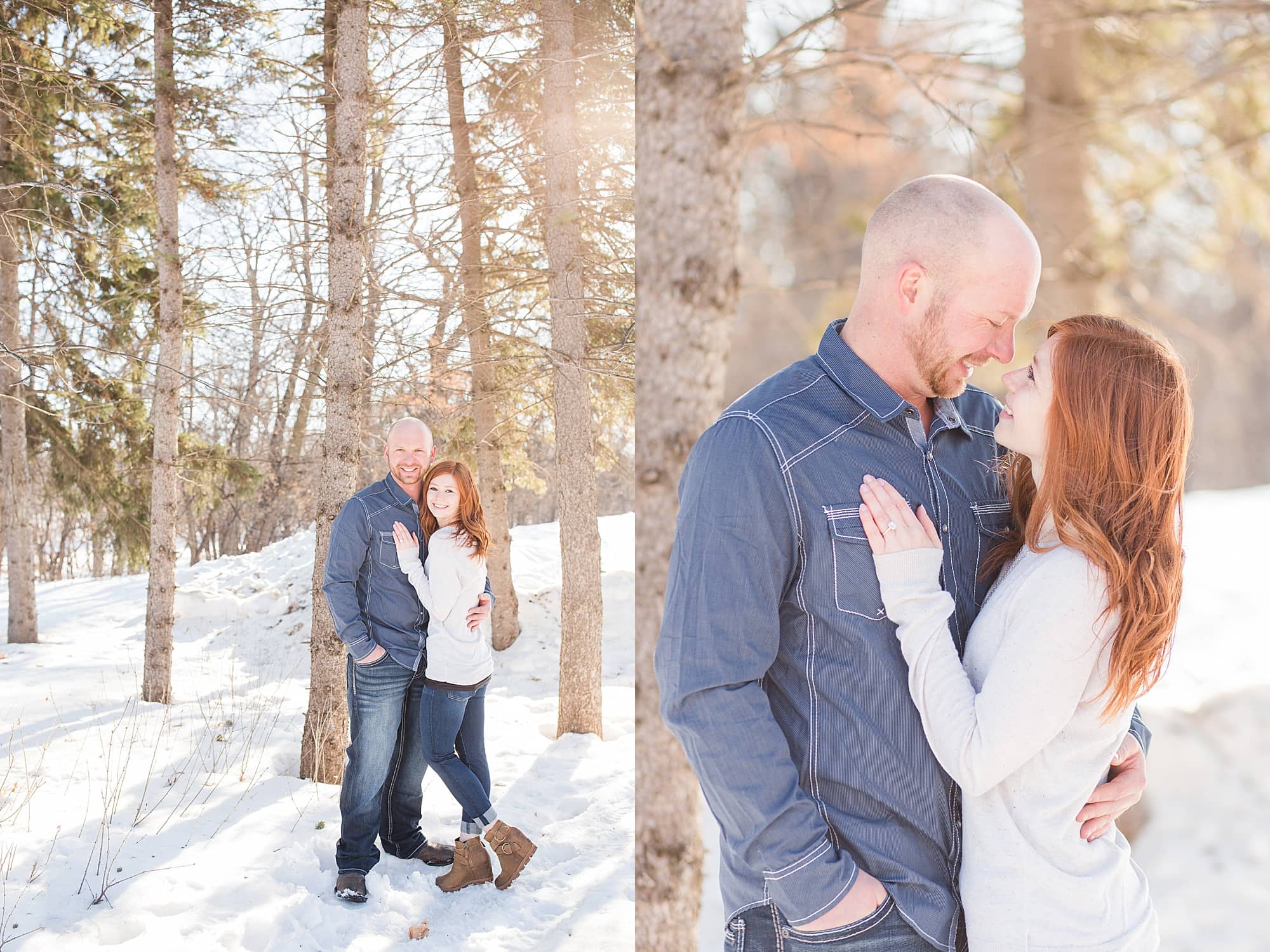 A couple stay close and warm during their winter engagement photos in Gooseberry Mound Park