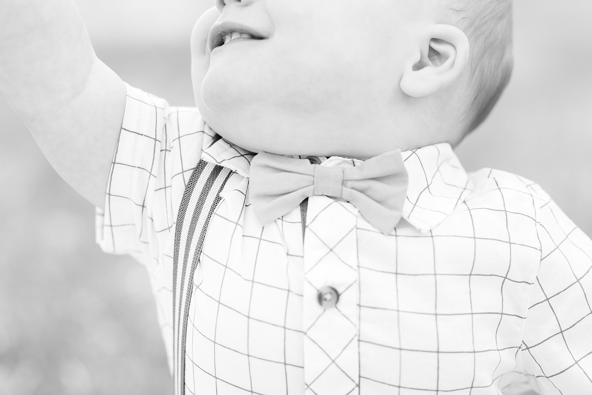 Close-up of a toddlers bow tie in black and white