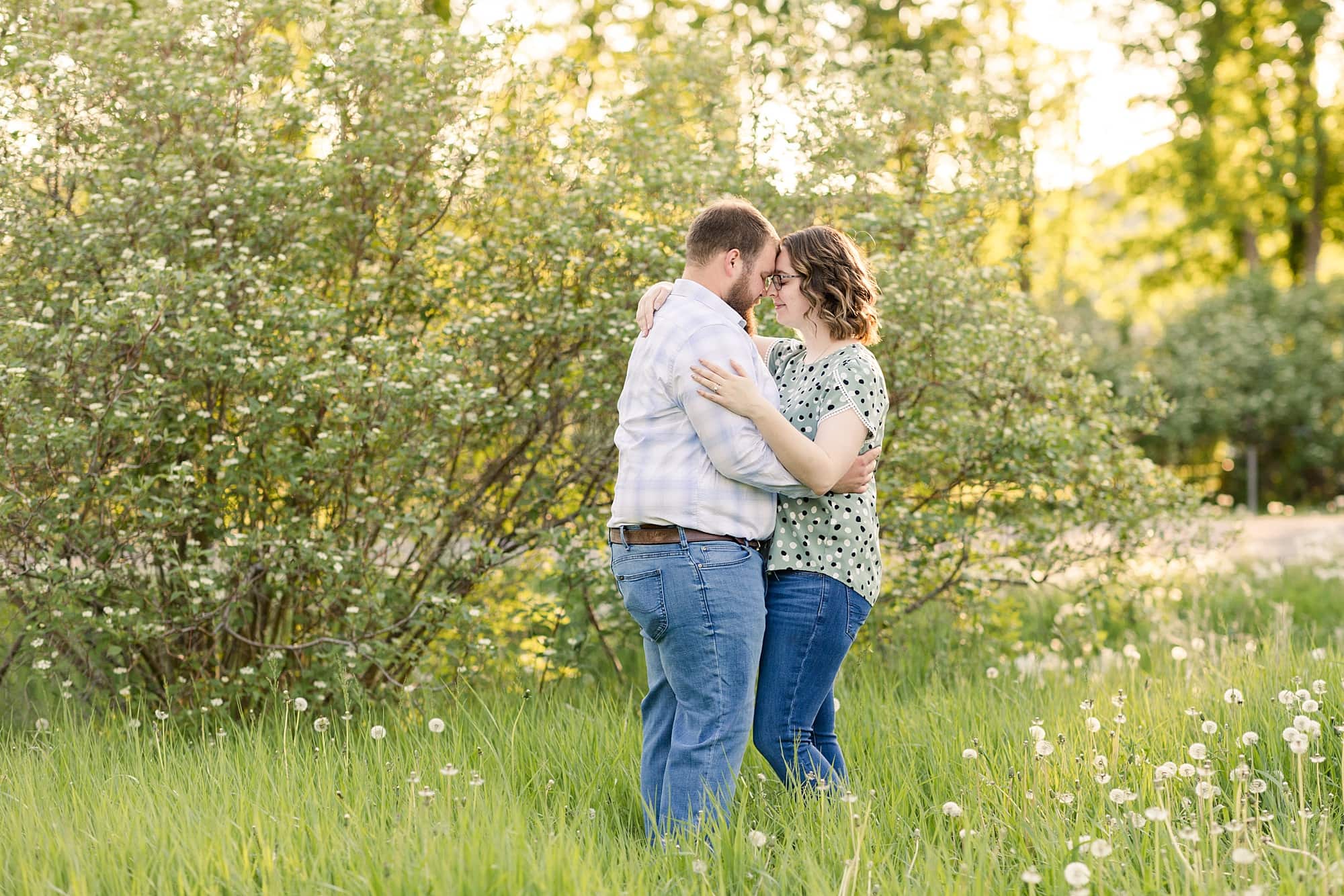 An engaged couple embrace in a field of tall grass during sunset at their engagement session at Orchard Glen
