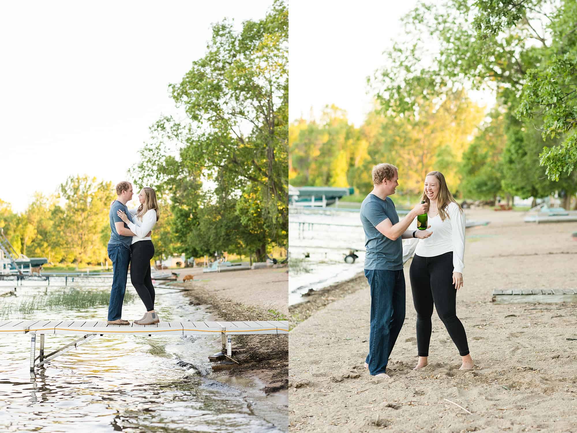 An engaged couple celebrate their engagement along the lake during sunset