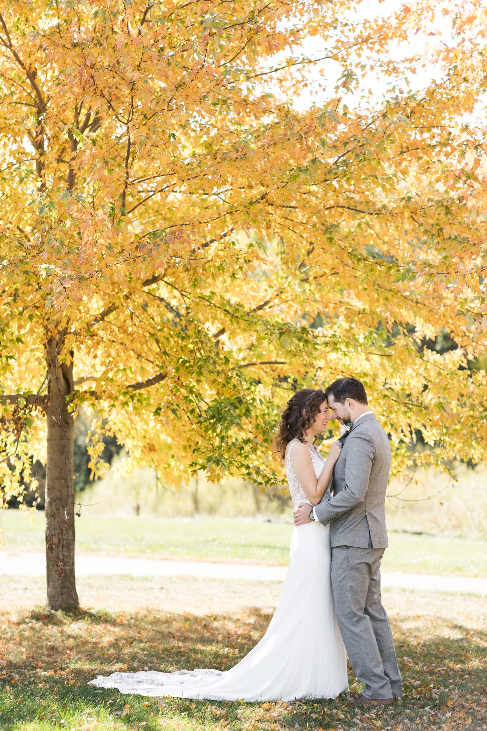 Bride and groom in front of a yellow fall tree at  Lake Susan Park