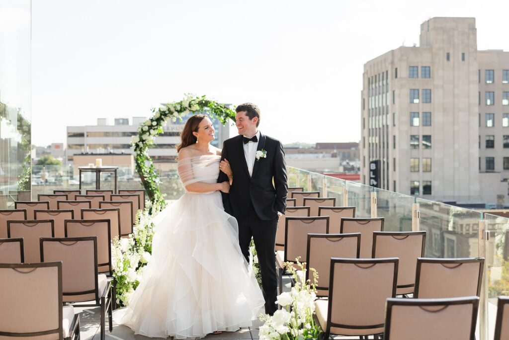 Bride and Groom on the Terrace of the Jasper during their wedding day in Fargo, ND